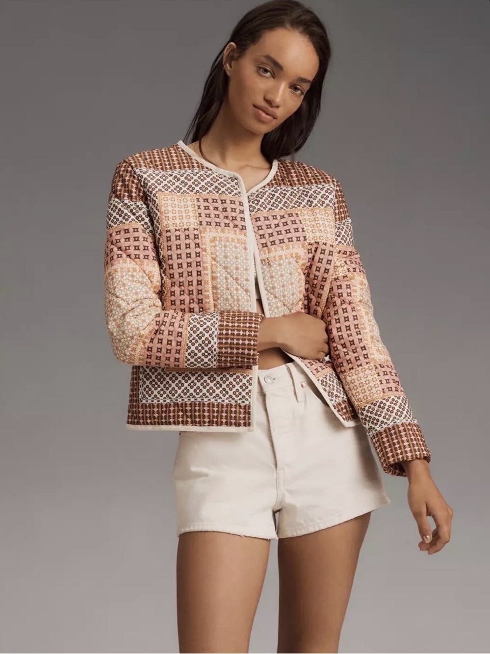 By Anthropologie Collarless Quilted Jacket, with a charming geometric pattern